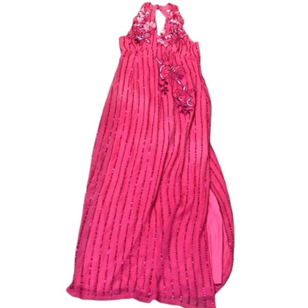Hot Pink Floral Sequined Prom Gown - Picture 16 of 16